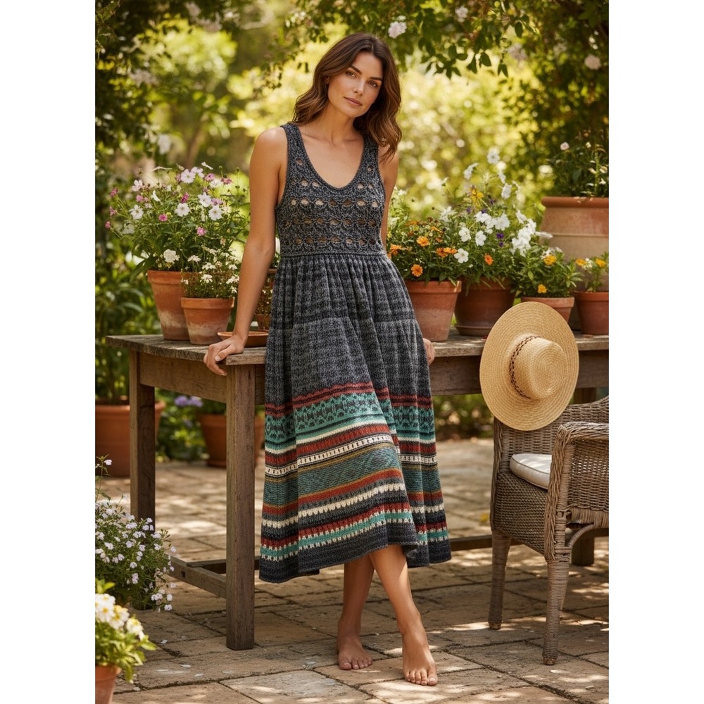 Free People Southwest Fair Isle Crochet Sweater Dress Grey Teal Boho Midi Small